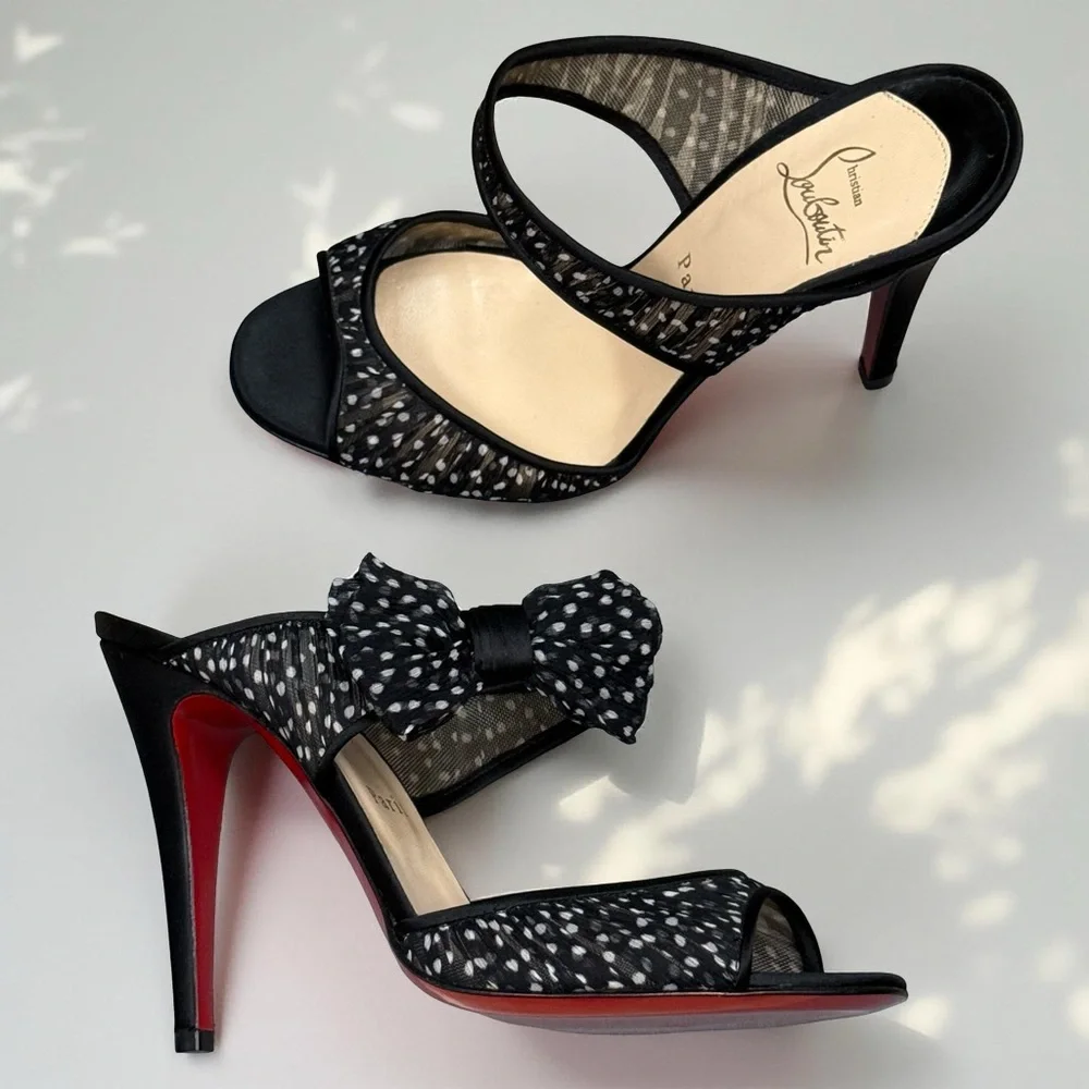 Christian Louboutin Miss Chief Mules Black/White Polkadot Crepe Satin/Chiffon 39 - Picture 1 of 12